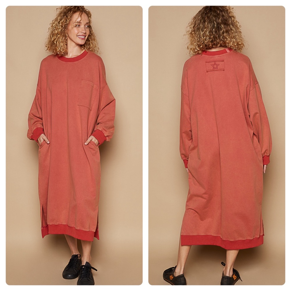 🆕 POL - Cozy French Terry Long Dress - Pockets - Star Embroidery - 100% COTTON